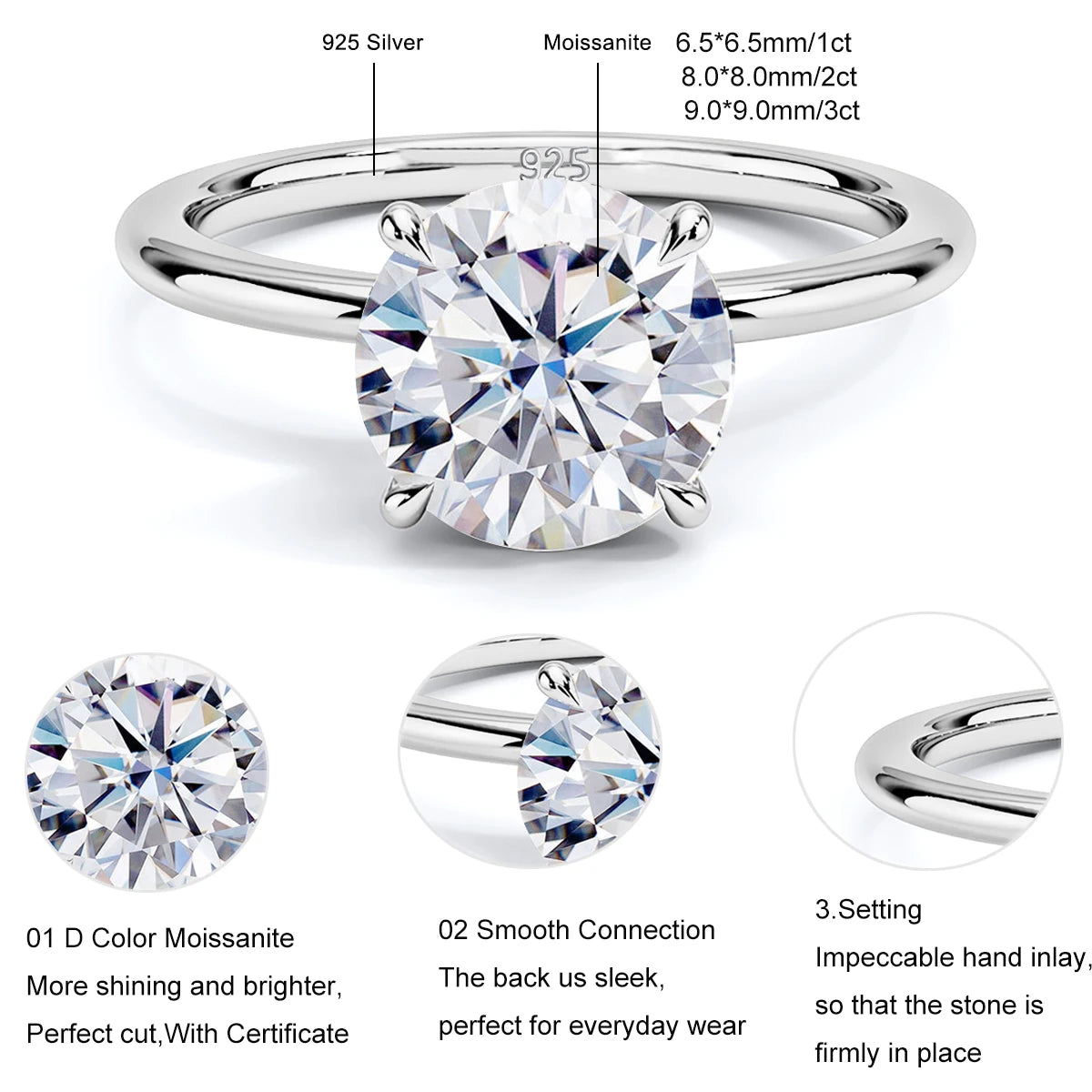 MOISSANITE COLLECTION: Eva- Moissanite ring in Sterling Silver, Gold Plated (White, Rose and Yellow gold options)