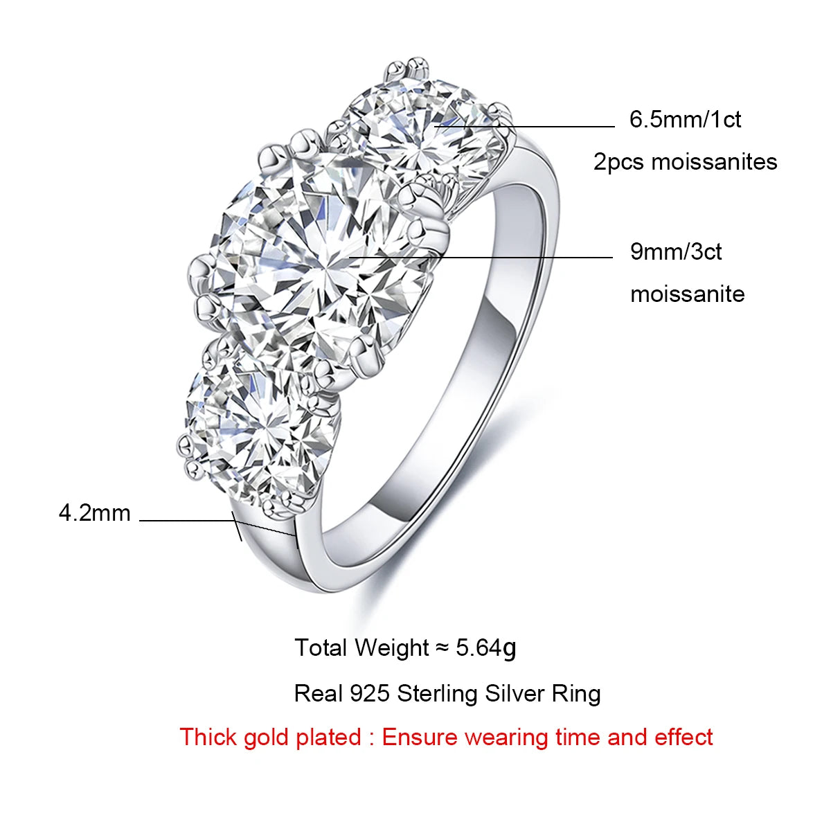 MOISSANITE COLLECTION: Ava- 5ct, D colour three stone Moissanite ring in Sterling Silver, White Gold Plated